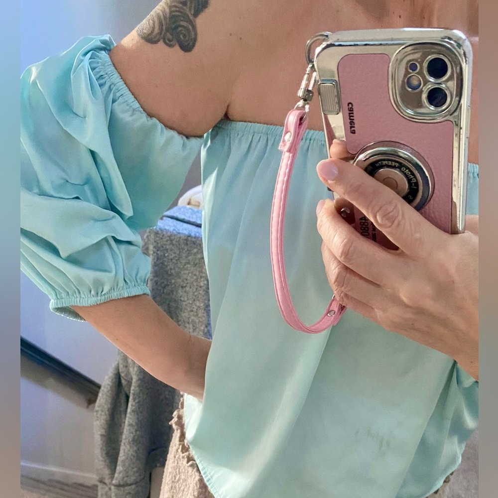Super cute icy baby blue off the shoulder satin top size M